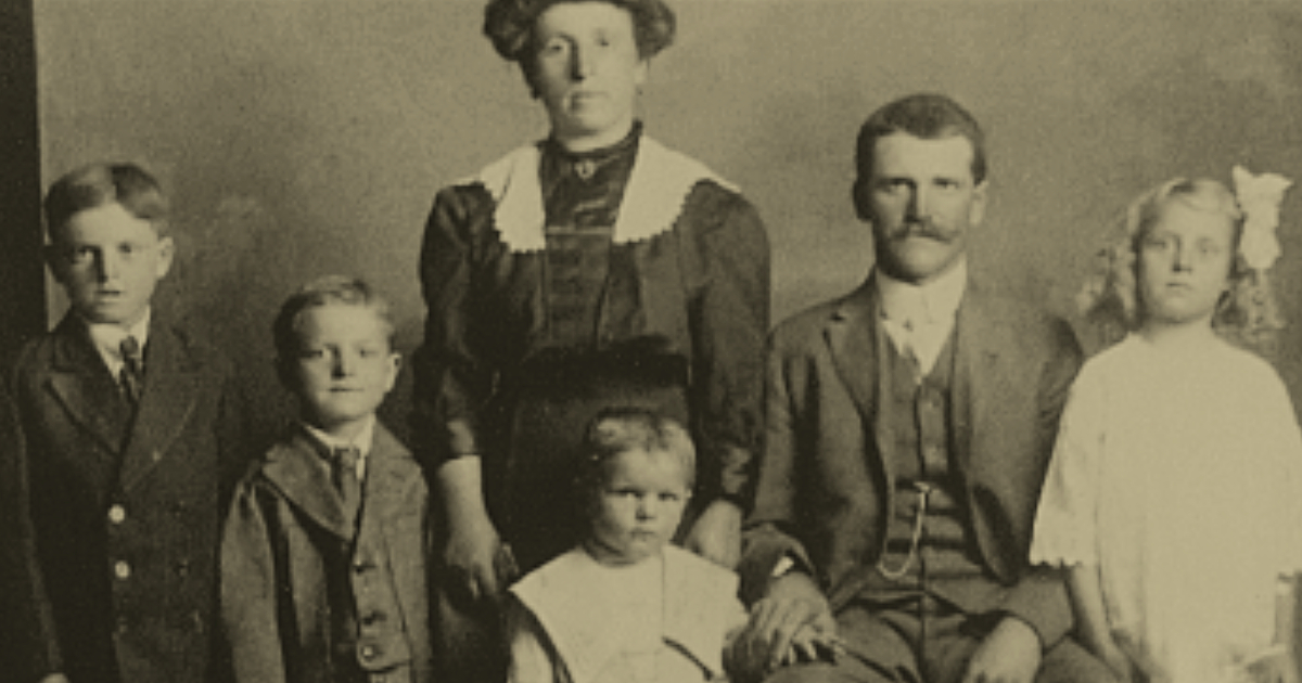 Black and white family portrait of Mr. & Mrs. Michele BODOIRA with children. c early 1900s, Durango.