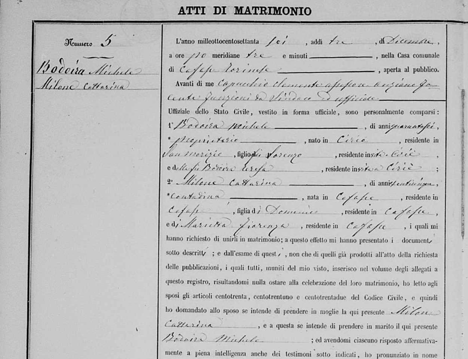 Cropped view of marriage BODOIRA - MILONE marriage record from the 1876 Cafasse registry of marriages.