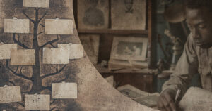 Young Black man at his desk, researching old documents.