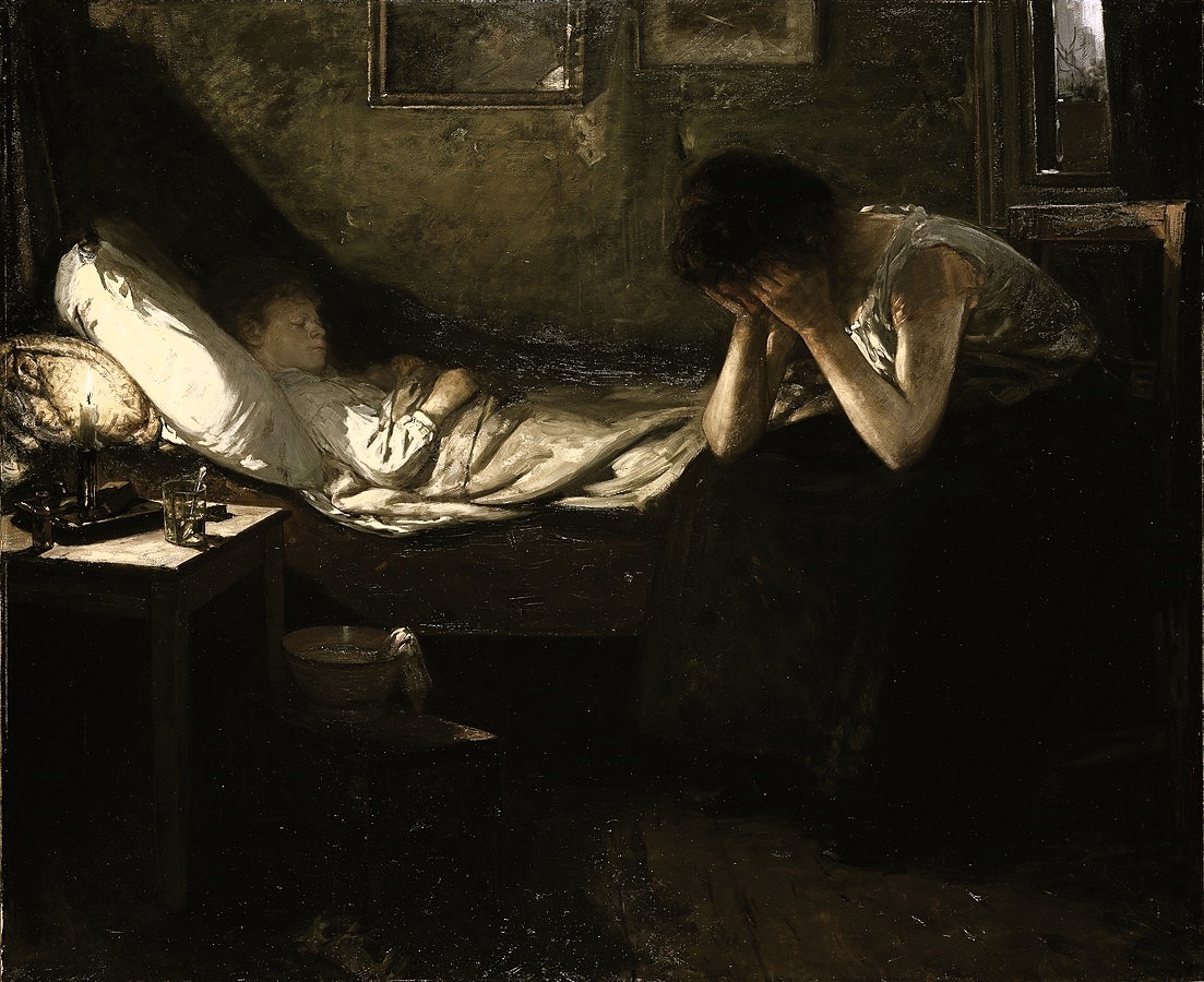 Oil on canvas painting by Oscar Wergeland, 1906, titled The Sick Child. Representation of mother grieving her bed-stricken young son.